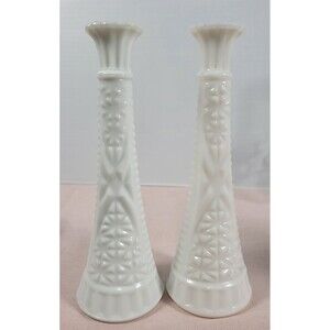 Vintage Anchor Hocking White Milk Glass Star & Bars Bud Vase 9" Tall set of 2
